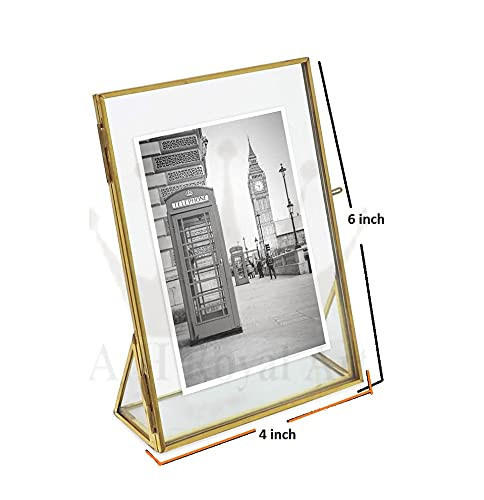 Handicrafts Decorative Metal & Glass Vintage Golden Standing Rectangular Photo Frame with Pressed Glass|Tabletop with Locket Closure & Angled Base (Size-4x6 Inch)