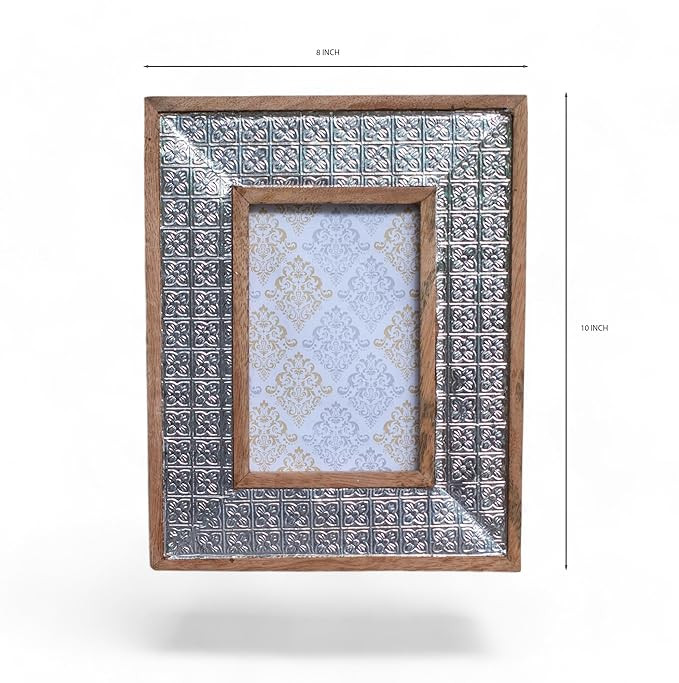 Adan's Homes Photo, Picture Frame Wooden Table Top Wood Finish Color 4"x6" Pack Of One Antique Style Elegantly Hand Crafted Floral Metal Inlay Frame For Home And Office Decor AHPF36