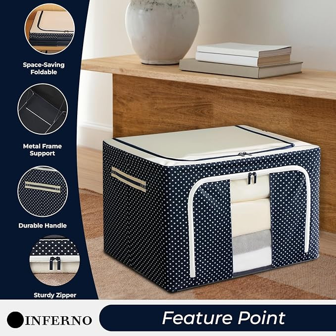 INFERNO 2 Pcs 66 L Foldable Large Size Storage Box for Clothes, Blankets| Compatible for Wardrobes, Under Bed, Closet | Dust Proof Big Size Sturdy Cloth Organizer | Cloth Storage Box with Lid (Blue)