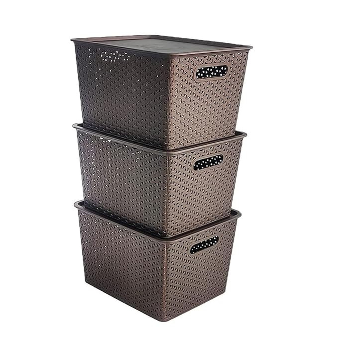 Homestrap Set Of 3 Plastic Storage Organizers/baskets With Lid For Kitchen, Clothes, Multipurpose Vegetables, Toys, Books, Office, Stationery, Wardrobe(Large | Brown)(Shark Tank Product)