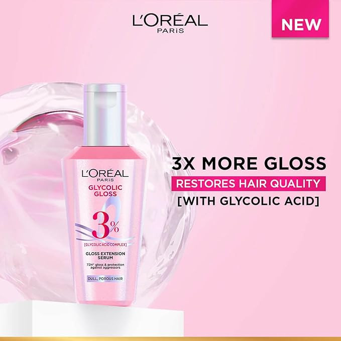 L'Oréal Paris Glycolic Gloss Serum, powered by Glycolic Acid, for dull hair, gives 72H Shine & improves hair quality, 80ml