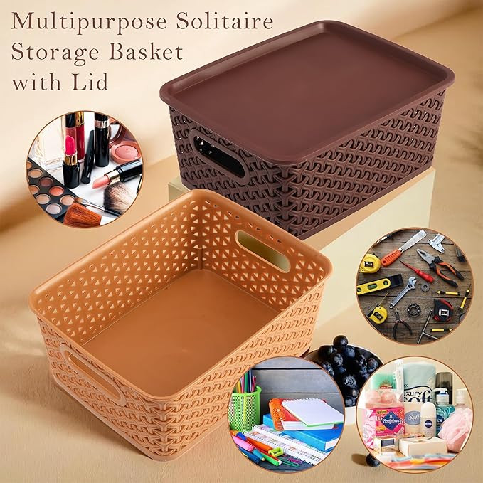 Kuber Industries Multipurpose Solitaire Storage Basket with Lid|Strong Plastic Material & Side Grip|Size Small 25 x 19 x 10.5,Pack of 3 (Multi)-CTLTC010898