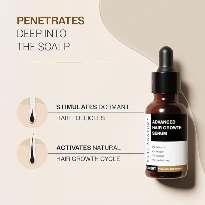Bare Anatomy Advanced Hair Growth Serum | 3% Redensyl, 4% Anagain, 3% Baicapil, 1% Capilia Longa, Rosemary, Biotin & Rice Water | Controls Hair Fall & Supports Hair Density | for Women & Men | 30ml