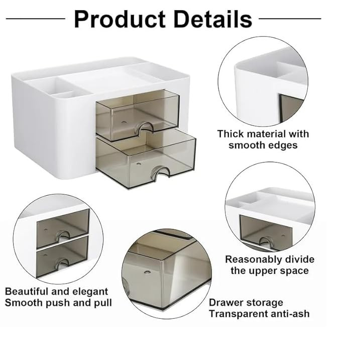 Shuttle Art Desk Organizer with 2 Drawers | Multi-Functional Stationery Holder for Office, Study Table, Home | 5 Compartment Pen, Pencil, Marker Storage Box for School & Art Supplies (White)