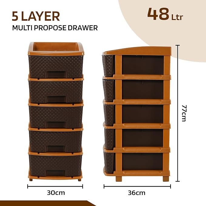 Kuber Industries 5-Layer & 48 Ltr Plastic Drawer Storage Organiser | Modular Kitchen & Toy Organizer For Kids Room | Chocolate Brown