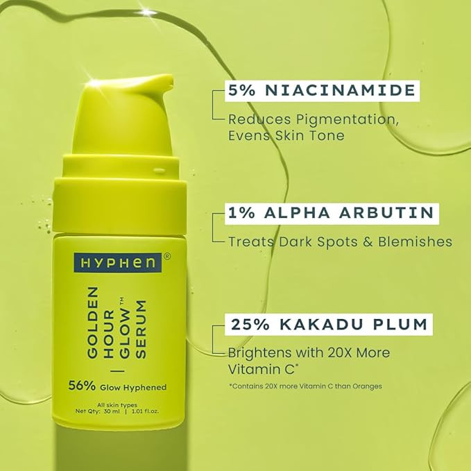 Hyphen Brightening Face Serum with 5% Niacinamide, 1% Alpha Arbutin & 25% Kakadu Plum | 20X Vitamin C for Glowing Winter Skin | Hydrating Serum for Dark Spots, Pigmentation & Dryness | All Skin Types – 30ml