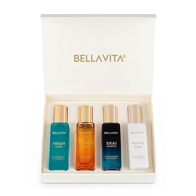 Bella Vita Luxury Long Lasting Unisex Perfume Gift Set | 4x20ml Perfume for Man & Woman | Ideal Gifts for Men, Women, Christmas, Secret Santa, Work, New Year | SKAI, FRESH, WHITEOUD, HONEY OUD