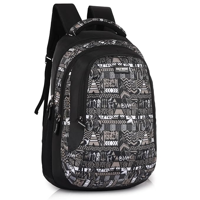 Half Moon Wild Class 5-12 School Bag for Boys Girls | Laptop Bagpack Backpack for Men Women | 3 Zips Stylish And Trendy College Bags for Students (Black and Grey)