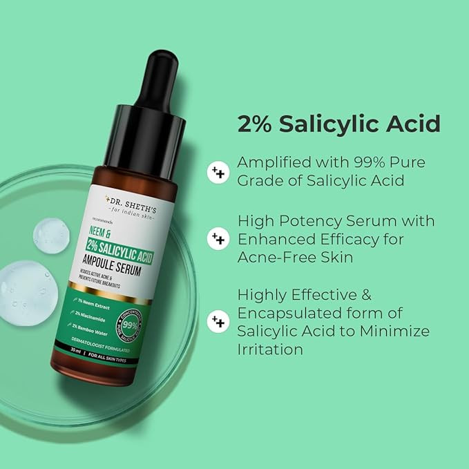 Dr. Sheth's Neem & Salicylic Acid Serum For Active Acne,Blackheads & Open Pores|2% Salicylic Acid & 1% Niacinamide|For Oily & Acne-Prone Skin|Men & Women|30Ml