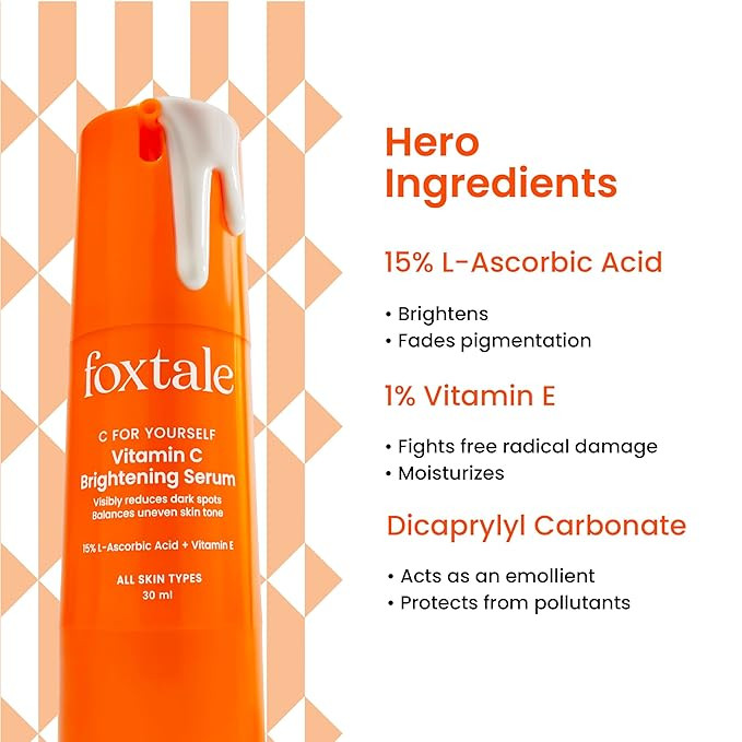 Foxtale 15% Vitamin C Face Serum for Glowing Skin | Purest Vitamin C (L-Ascorbic Acid) with Vitamin E | Moisturizing Serum for Sensitive Skin | All Skin Types | Face Serum for Men & Women | 30 ml