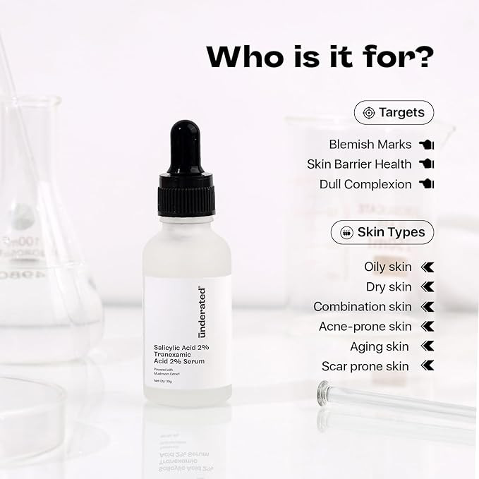 Underated 2% Salicylic Acid Face Serum with 2% Tranexamic Acid & Mushroom Extract | Serum for Acne, Dark Spots, Acne Marks & Pores | For All Skin Types | 30 g