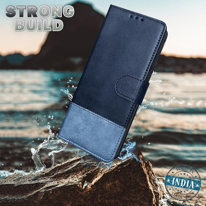 Outlouders Flip Cover for Tecno Pova Slim 5G | Dual-Tone PU Leather Finish | Wallet Style & Stand | Magnetic Flip Case (Navy & Light Blue)