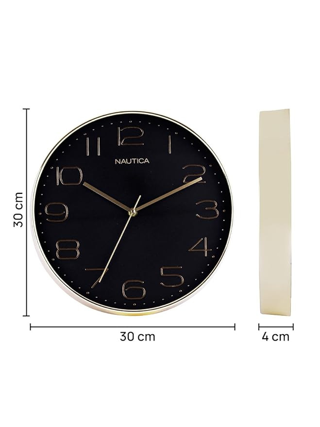 NAUTICA Luxury Finish Modern Wall Clock with Silent Non-Ticking Quartz Sweep Movement – 1pc|12 Inch|Decorative Clock for Home, Office, Bedroom, Kitchen, Living Room (Abs)(3D-Glossy Rim-Black/Rosegold)