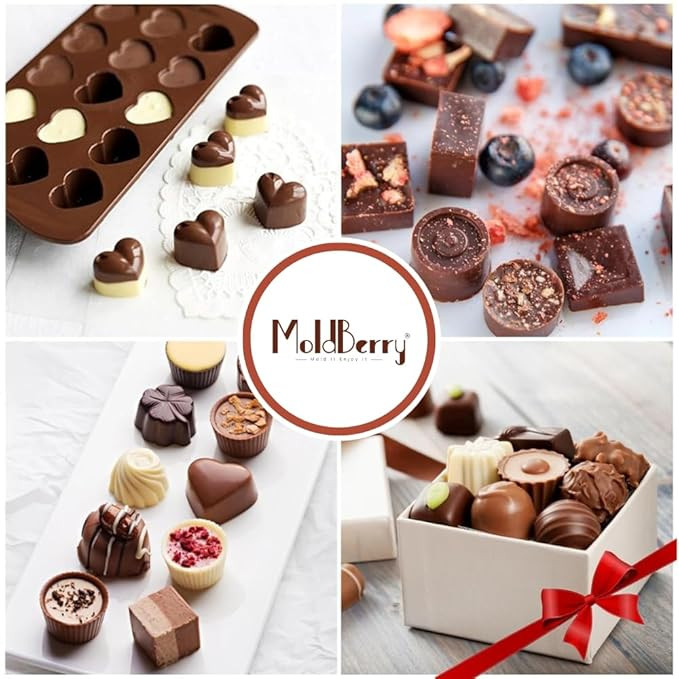 MoldBerry Silicone Chocolate Mould Combo | Pack of 5 | 24 Cavity Heart & Round, 15 Cavity Star, Flower & Mini Heart Molds | Reusable Baking, Jelly, Candy & Cake Decoration Moulds