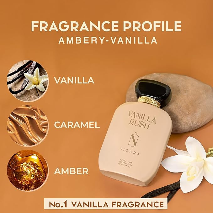 Nisara Vanilla Rush Perfume For Women 100 ml|Girl Long Lasting Eau De Parfum|Ambery Vanilla Fragrance|Orchid,White Floral,Caramel,Amber,Musk Wood,Patchouli|EDP Scent spray for Women