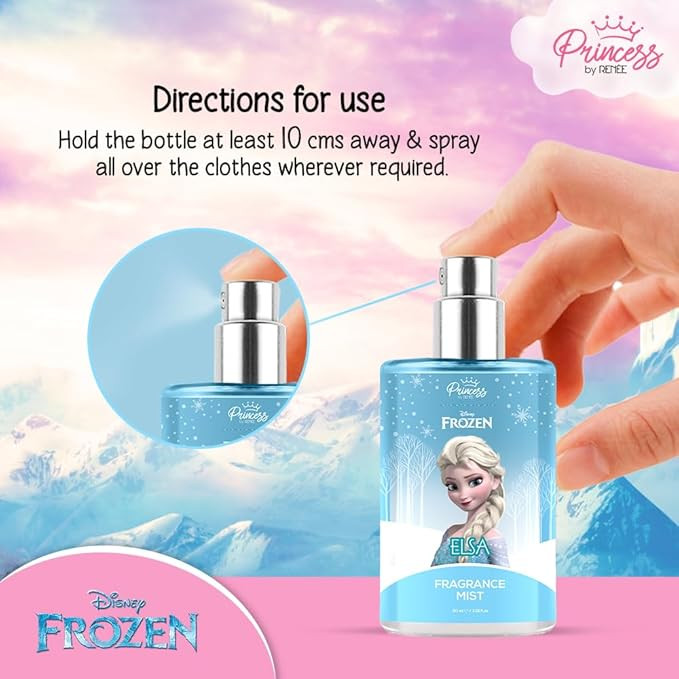 Princess by RENEE Disney Frozen Elsa Fragrance Mist for Pre-Teens, Long Lasting Scent with Fruity & Floral Notes of Melon, Peach & Pineapple, Vanilla & White Musk, Dermatologically Tested, Vegan, Cruelty-Free 30ml