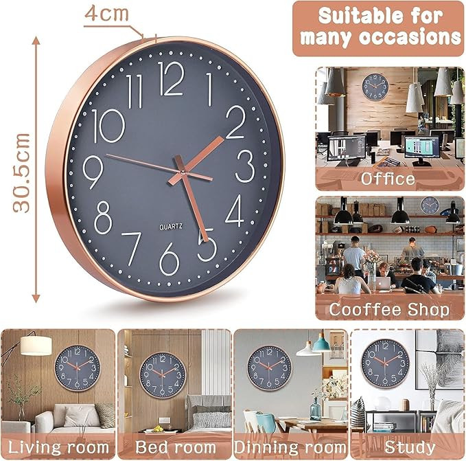 TEKCOOL Analogue Plastic Wall Clock 12" Silent Quartz Decorative Latest Wall Clock Non-Ticking Classic Clock Battery Operated Round Easy to Read for Home/Kitchen/Bedroom/Office/School - (Grey Gold).