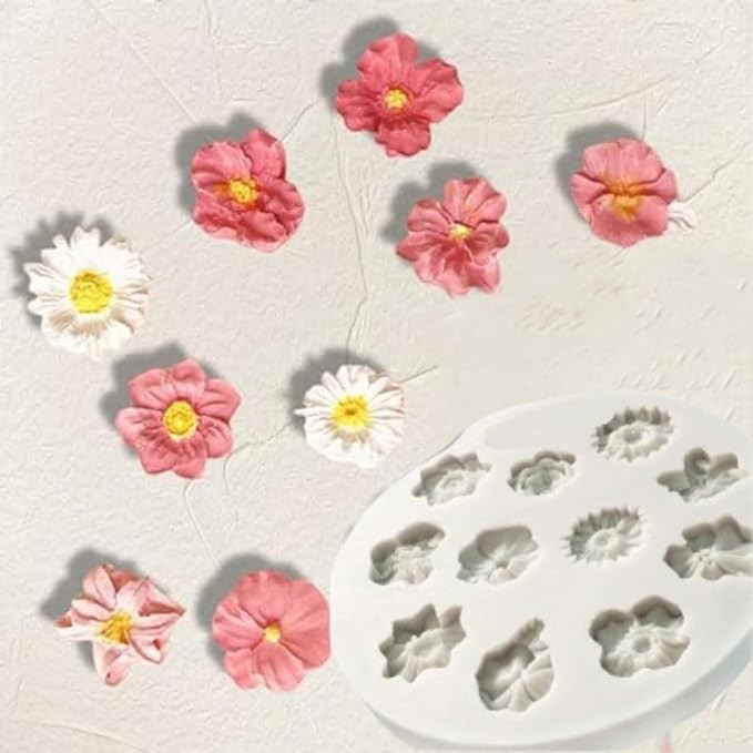 11 Cavity Flower Silicone Mould for Fondant Chocolate Candy Cake Decoration Cupcake Topper Gummy Jelly Ice Cube Sugarcraft Clay Resin Pendant Earrings Jewellery Making Mold