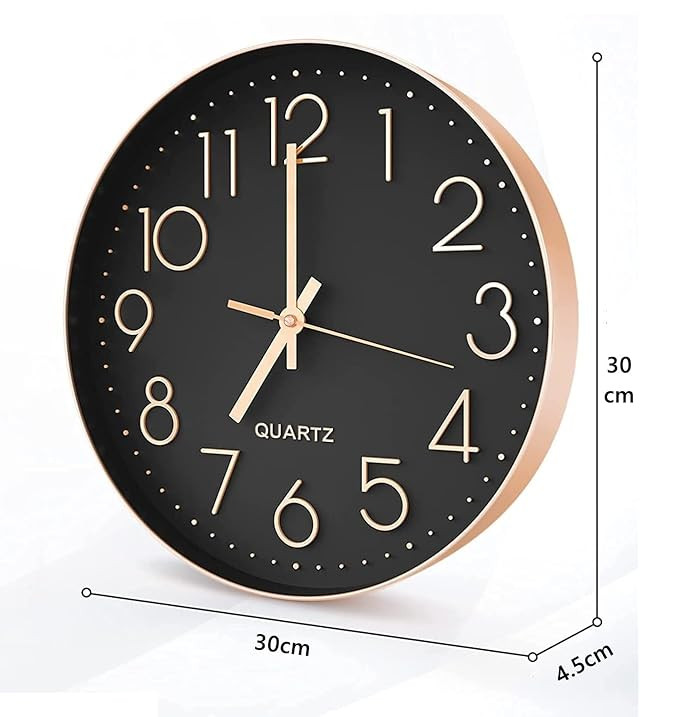 VOLANTIS 12 Inch Modern Plastic Stylish Non Ticking Silent Analog Wall Clock for Home, Living Room, Bedroom, Office, and Kitchen (Black & Rose Gold)