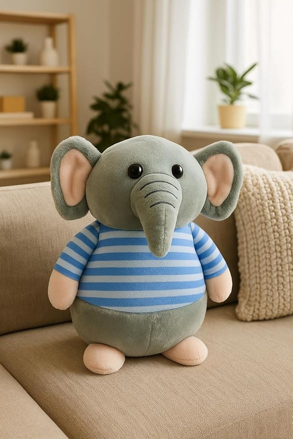 Fun4you Elephant Soft Toy for Kids 25 cm – Cute Animal Plush Toy with Red Striped Shirt – Stuffed Elephant Toy for Baby Boys & Girls – Cuddly Soft Animal Toy for Toddlers