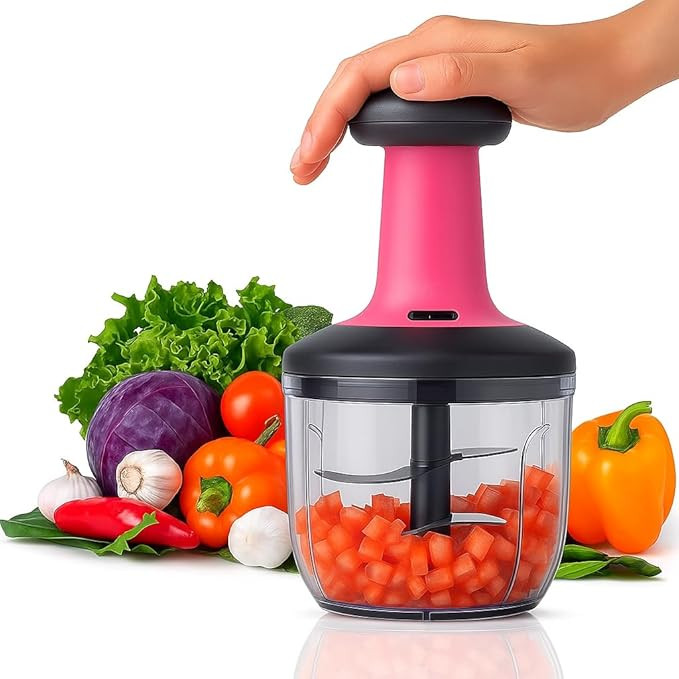 Manual Push Vegetable Large Hand Press Push Chopper Mixer Cutter With 5 Stainless Steel Blade 1000ML For Kitchen Use Cut Onion, Salad,Tomato, Potato And Chopping Vegetables & Fruit