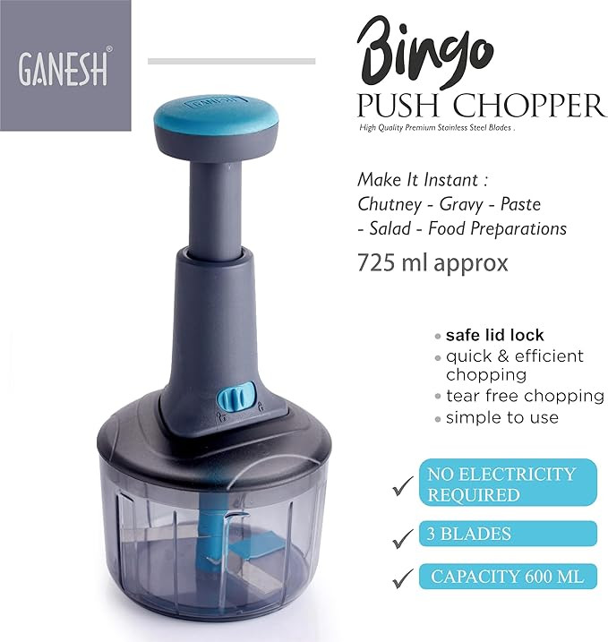 GANESH Manual Hand Press Bingo Push Chopper with 3 Blades for Effortless Chopping Vegetables & Fruits (Assorted, 725 ml, Plastic)