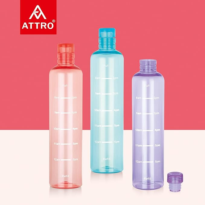 ATTRO Crystal 1000ml Plastic Water Bottle BPA Free Leakproof, Fridge Safe with Time Marker to Track Hydration, Encourages Water Intake Set of 3- MultiColors