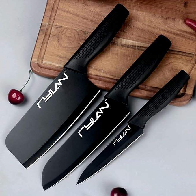 Rylan Stainless Steel 3 Pieces Professional Kitchen Knife Set, Meat Knife, Chef's Knife with Non-Slip Handle Sharp Manual Sharpening for Home Kitchen and Restaurant (2) - Black