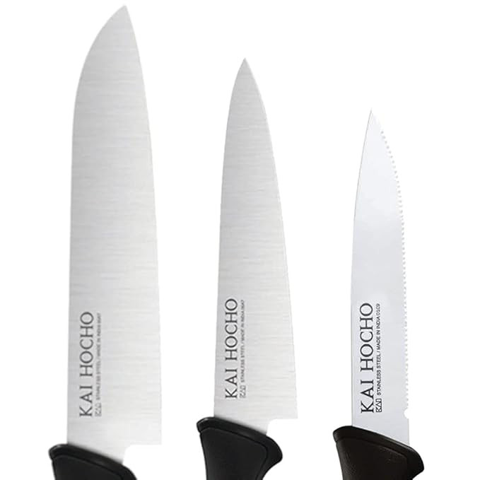 Kai Hocho Japanese Technology Serrated Knife 9.6 cm Blade, Hocho Utility (M) Knife 14.5 cm Blade, Hocho Utility (S) Knife 12.5 cm Blade, Black Stainless Steel Knife Set (Pack of 3)