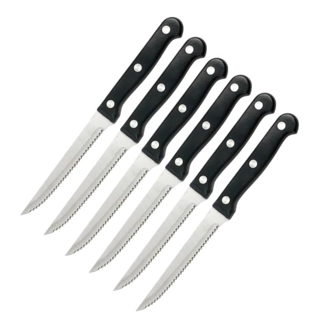 6-Piece Steak Knife Set with Plastic Handle – Serrated Edge Stainless Steel Blade Cutlery for Kitchen, Hotel, or Restaurant Use | Sharp Meat Knife Set for Daily Dining