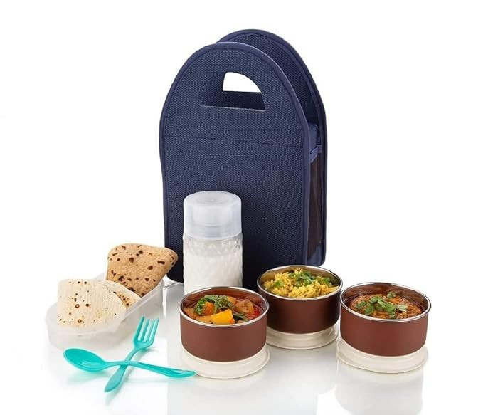 Tiffin Box-Lunch Box | 3 Stainless Steel Containers | Plastic lid Box | Spoon & Fork | Insulated Fabric Bag | Leak Proof | Microwave Safe | Full Meal | Easy to Carry (Blue) 1100 ML