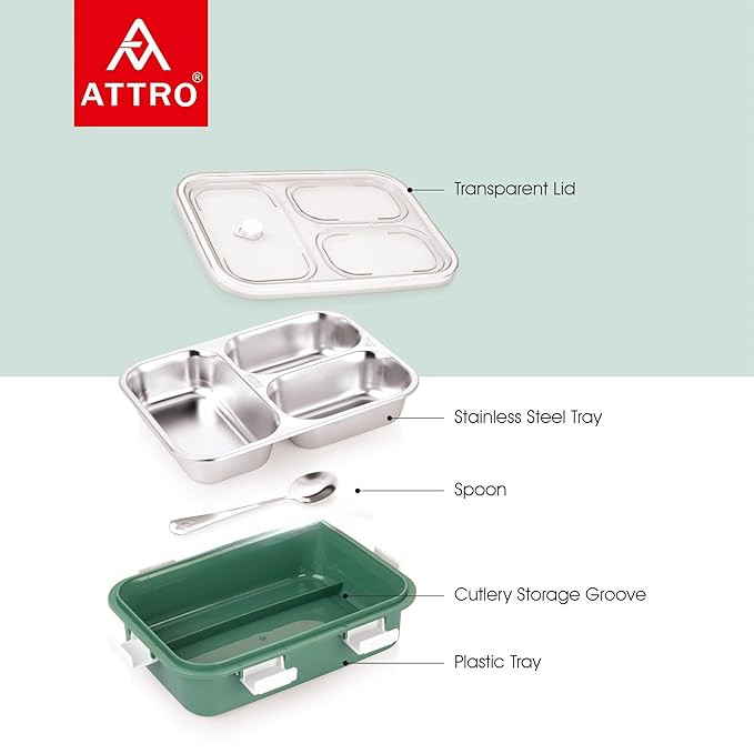 Attro Bento 3 Compartment Stainless Steel Lunch Box with Steel Cutlery Inside, Heating & Water Insulation Design Use for Office, School & Travelling, 750 Ml - OliveGreen