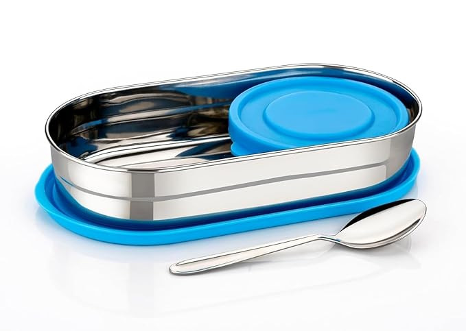 Oval Lunch Box Steel for Office & School Use | Leak Proof | Easy to Clean | with Side Locks | Stainless Steel l Durable | Easy to Carry | 925 ml | Blue