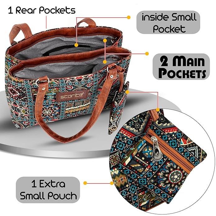 Storite Women's Tote Bag With Leather Handles & Embroidery Printed Handbag With Zip Pockets, Shoulder Tote Bag And Handbag For Office And College (27x24x9.5Cm)