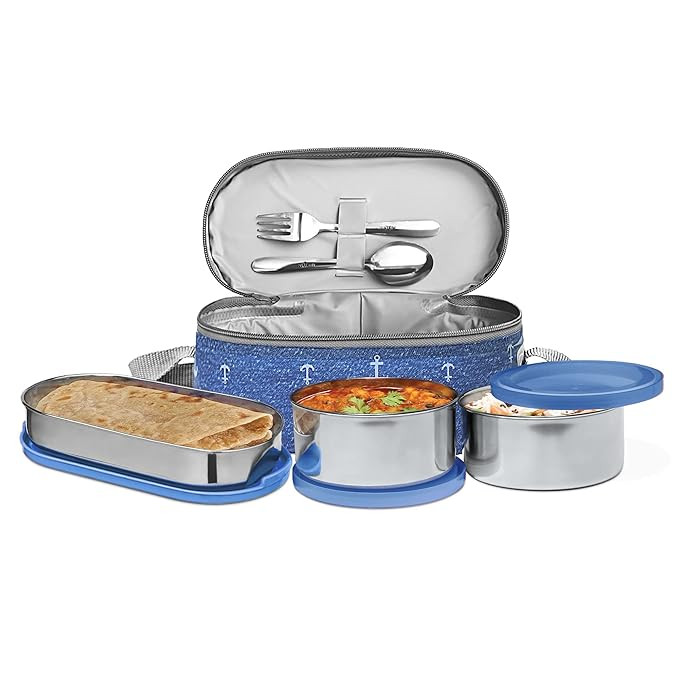 MILTON Corporate Lunch Box Stainless Steel Tiffin (2 Round Container 280 ml Each and 1 Pc Oval Container 500 ml) with Bag, Leak Proof & Airtight Containers with Spoons, Blue