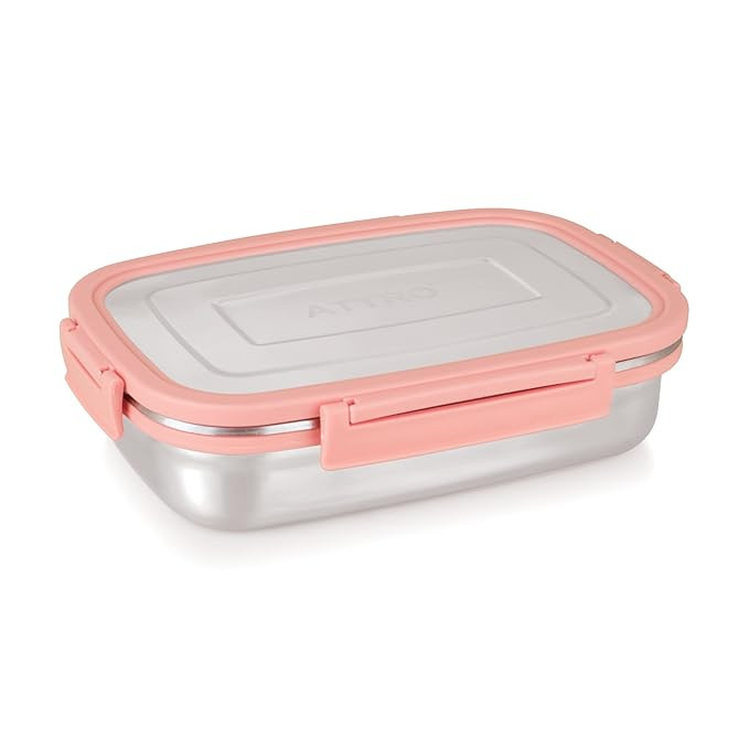 Attro Click Eat Big Stainless Steel Lunch Box with 1 Small Container Airtight & Spill Proof BPA Free Ideal for Office Use, School, Picnic - 900ml+200ml Peach