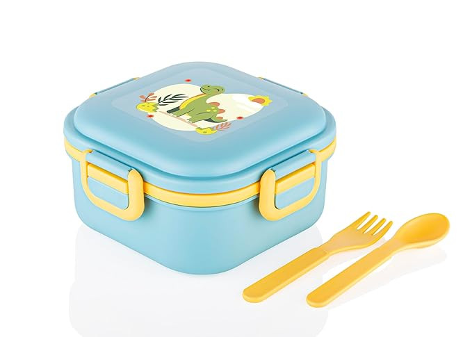 ATTRO Quick Bite Dino Delight Lunch Box with 3 Compartment Fork & Spoon BPA Free Food Grade Ideal for Kids School, Picnic & Outdoor- 800ml Blue, Plastic