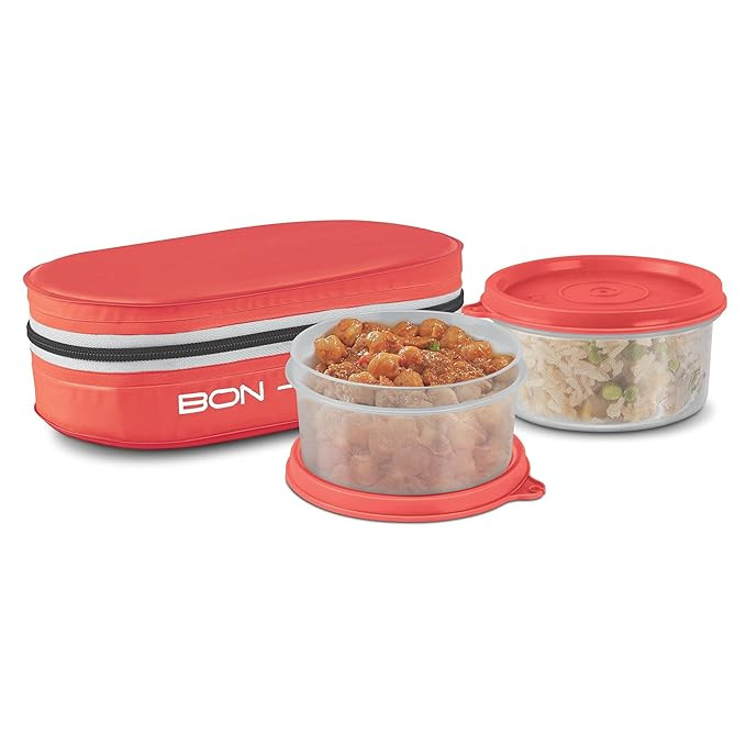 MILTON New Bon Bon Plastic Lunch Box with Insulated Jacket, 2 Containers (280 ml Each), Microwavable & Leak-Proof Tiffin for Office, School, College, Red