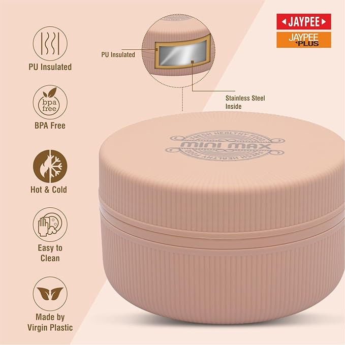 JAYPEE Mini Max Lunch Box for School, Office, Ideal for Snacks and Meal, Keeps Food Hot & Fresh Insulated Stainless Steel Inner with Plastic Dish Inside for Office, College and Picnic, Peach, 500 ml