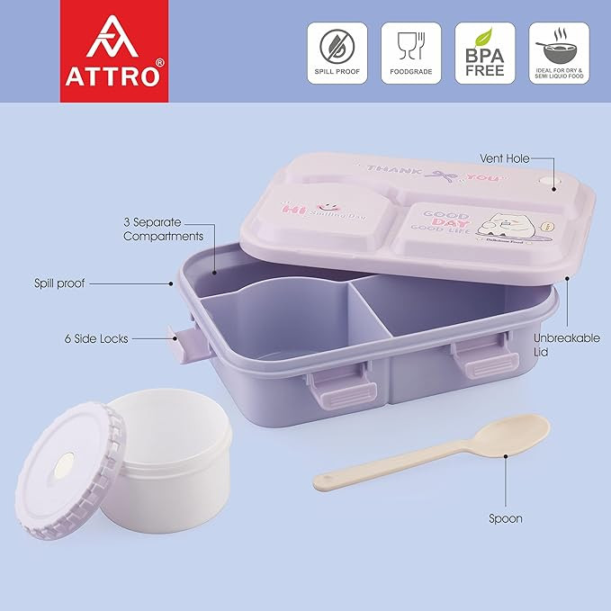 ATTRO Smiley Bite Plastic Lunch Box – 3 Compartment Bento Tiffin, Leak-Proof & Durable, Plastic Spoon, Ideal for Kids, School, Picnic– 1220ml+200ml, Purple