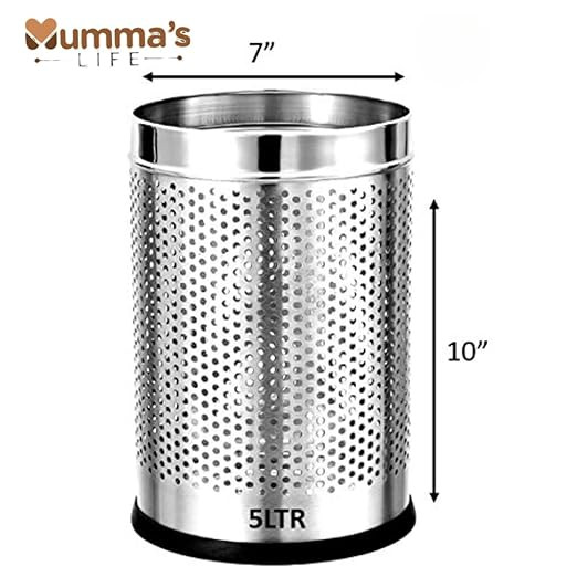 Mumma's LIFE 6L Steel Dustbin for Home | Open Perforated Stainless Steel Dustbin Without Lid | Garbage Bin for Bedroom, Washroom, Office, Kitchen, Bathroom (7x10 Inch)