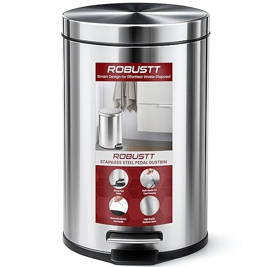 Robustt Dustbin with Pedal - 5L | Silver Stainless Steel trash can | 7 Inch (W) x 10 Inch (H) | Small Trash Can for Bathroom, Bedroom, Toilet, and Kitchen | Durable & Corrosion-Resistant - Pack of 1