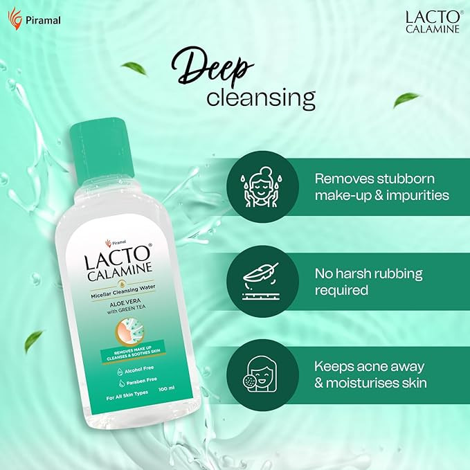 Lacto Calamine Micellar Water Make Up Remover Liquid | 100ml | With Aloe Vera, Green Tea & Niacinamide | Cleansing Water For Face That Removes Make-Up, Excess Oil & Impurities | Alcohol Free