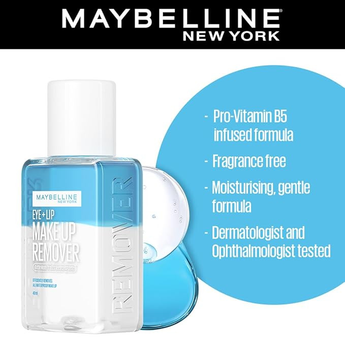 Maybelline New York Biphase Eye + Lip Makeup Remover, 2X More Effective and Fragrance Free Easy to Use Makeup Remover, Water-proof Make-up Remover With Addition of Pro-Vitamin B5 | 40 ml
