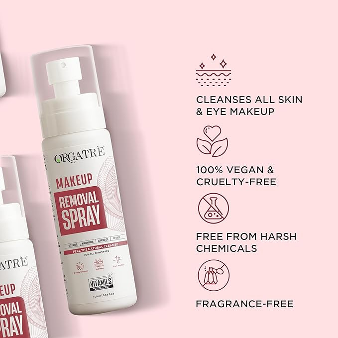 Orgatre Makeup Removal Spray for Women | Makeup Cleansing Water with Vitamin C, Niacinamide, Almond Oil & Retinol | Removes Waterproof Makeup, SPF & Impurities | Soft & Glowing Skin | 100ml