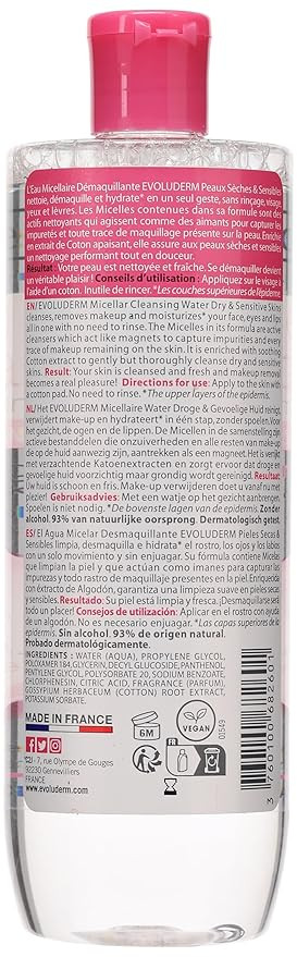 Evoluderm Moisturizing Micellar Water for Dry & Sensitive Skin | Gently Removes Make-up | Alcohol & Paraben Free 500 ml