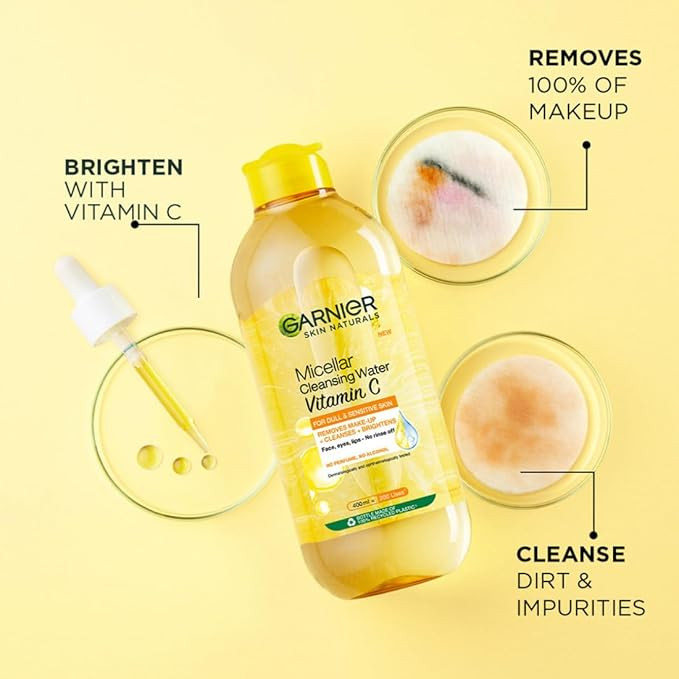 Garnier Vitamin C Micellar Cleansing Water For Dull Skin | Make-Up Remover & Cleanser - Removes makeup, dirt & impurities & Brightens Skin | Just Pour, Press & Swipe | 125ml