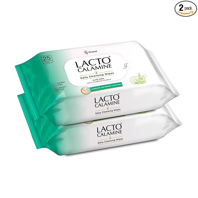 Lacto Calamine Daily Cleansing Face Wipes 25N Each - Pack of 2 | Makeup Remover Wipes | Wet Tissue for Face with Aloe Vera, Cucumber & Vitamin E | Wet Wipes for Women & Men | Paraben & Alcohol Free