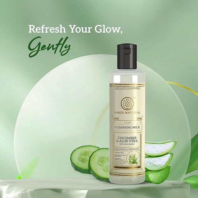 Khadi Natural Cucumber & Aloe Vera Cleansing Milk | Makeup Remover with Shea, Kokum Butter | Tones, Nourishes Skin | Rich in Antioxidants | Suitable for All Skin Types | 210ml