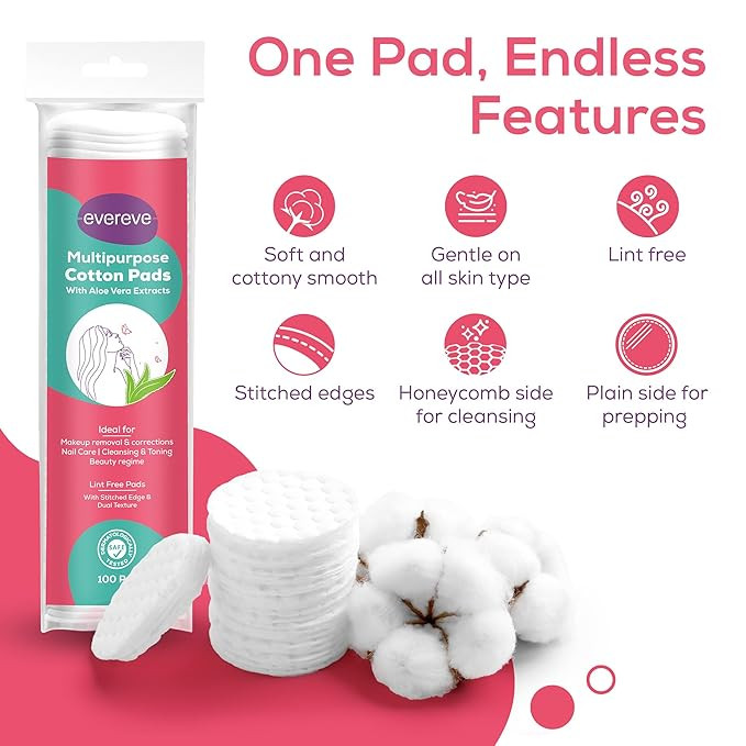 Evereve Multipurpose Cotton Pads, 200 Pcs, 100% Cotton, With Aloe Vera Extracts, Embossed, Double Sided, For Skin Cleaning, Eye & Face Makeup Removal, Nail Polish Removal, Pack of 2 (100's each)